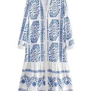 NWOT Zara White Cotton Midi Dress with blue Embroidery Large